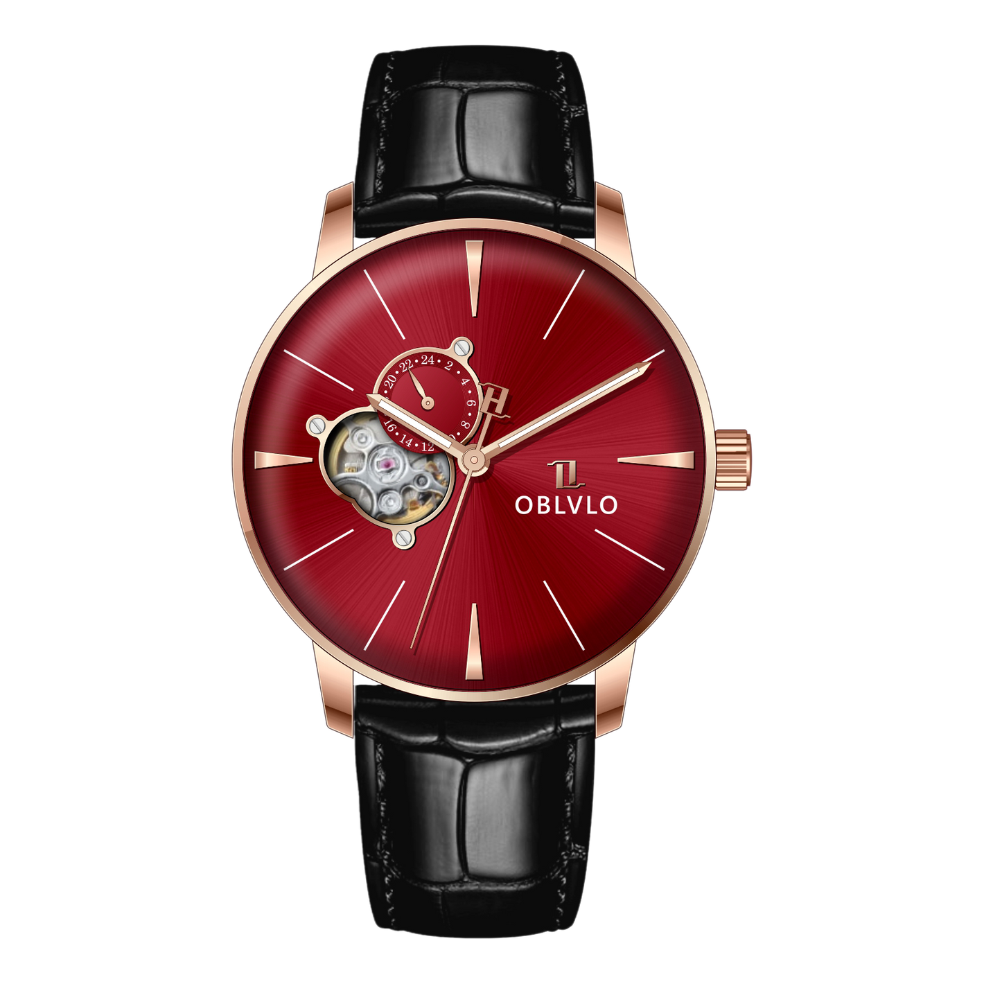 OBLVLO NW Series Automatic 40mm Victory Red Color Partial Skeleton Dial & Rose Gold Case Black Leather Strap Mens Watch
