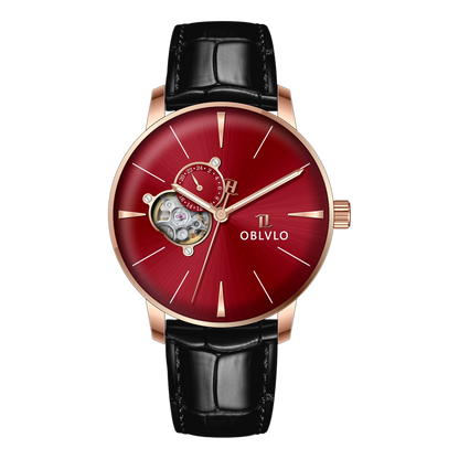 OBLVLO NW Series Automatic 40mm Victory Red Color Partial Skeleton Dial & Rose Gold Case Black Leather Strap Mens Watch