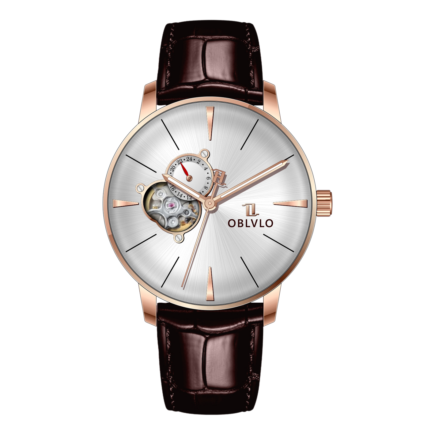 40mm Rose Gold Automatic Mens Watch With White Partial Skeleton Dial By OBLVLO NW Series