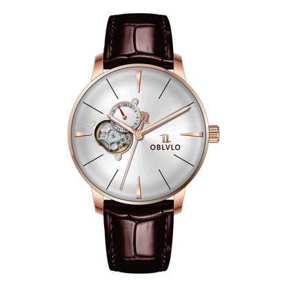 40mm Rose Gold Automatic Mens Watch With White Partial Skeleton Dial By OBLVLO NW Series