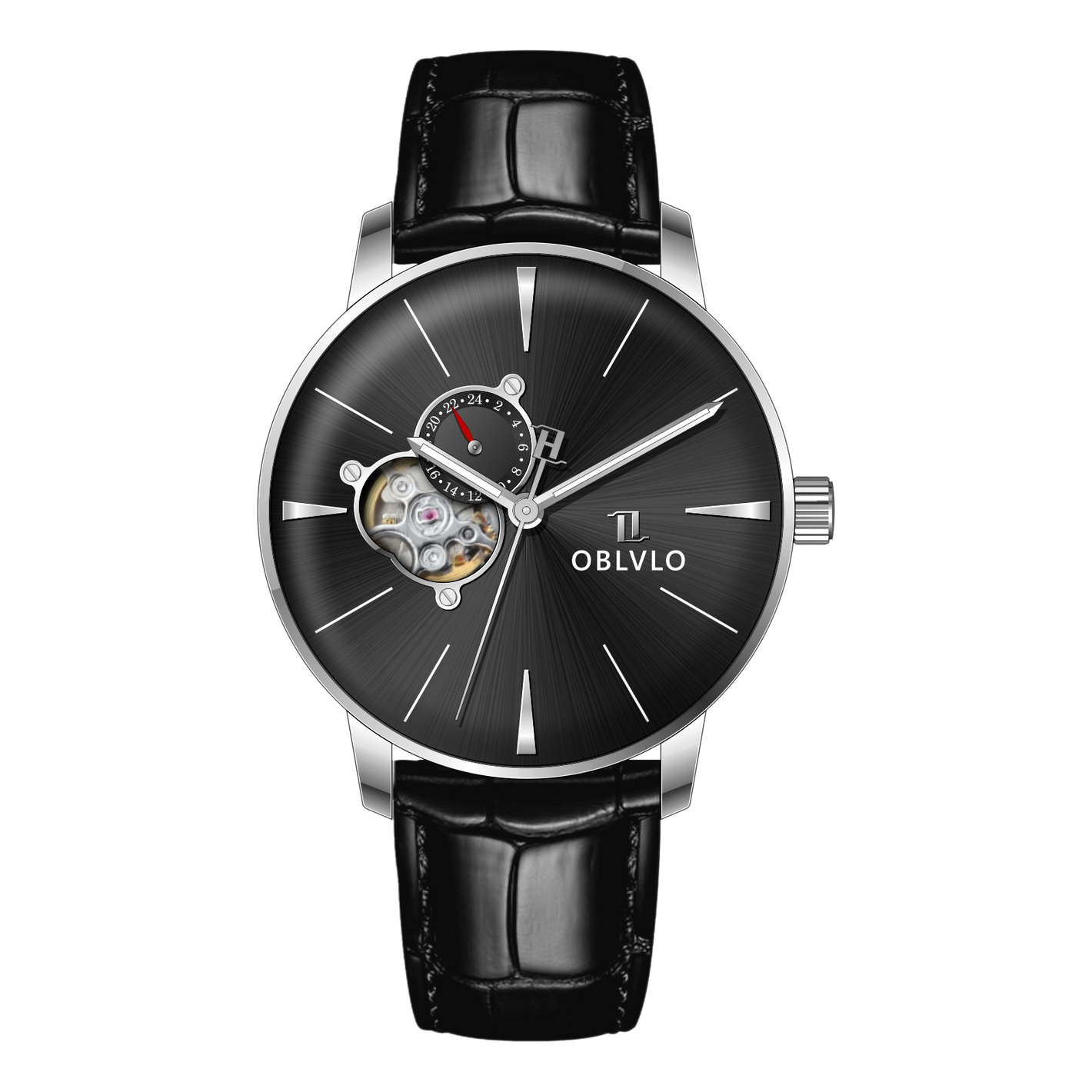 40mm Automatic Mens Watch With Black Partial Skeleton Dial & Black Band By OBLVLO NW Series