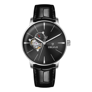40mm Automatic Mens Watch With Black Partial Skeleton Dial & Black Band By OBLVLO NW Series