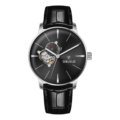 40mm Automatic Mens Watch With Black Partial Skeleton Dial & Black Band By OBLVLO NW Series