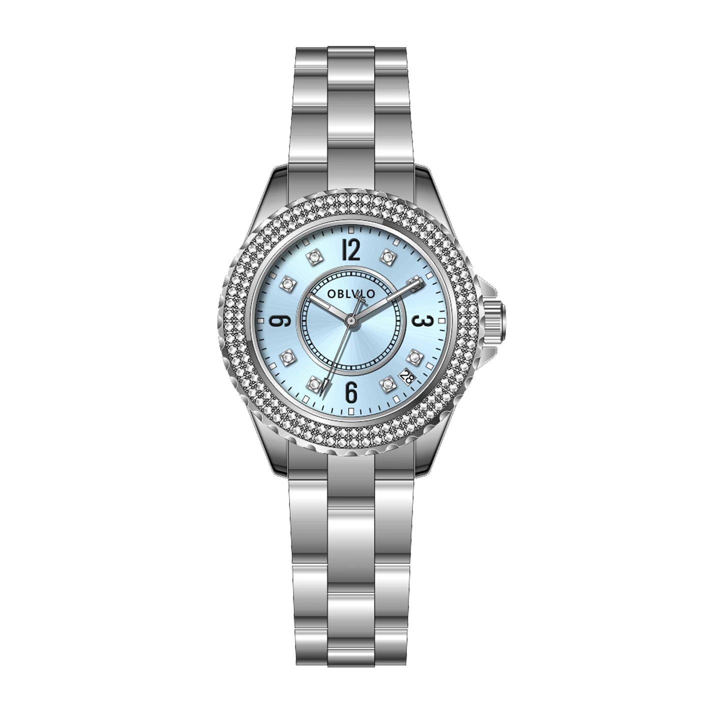 OBLVLO JW-S ICE Blue Dial - Luxury Fashion Stainless Steel Automatic Wrist Watch for Ladies Gift
