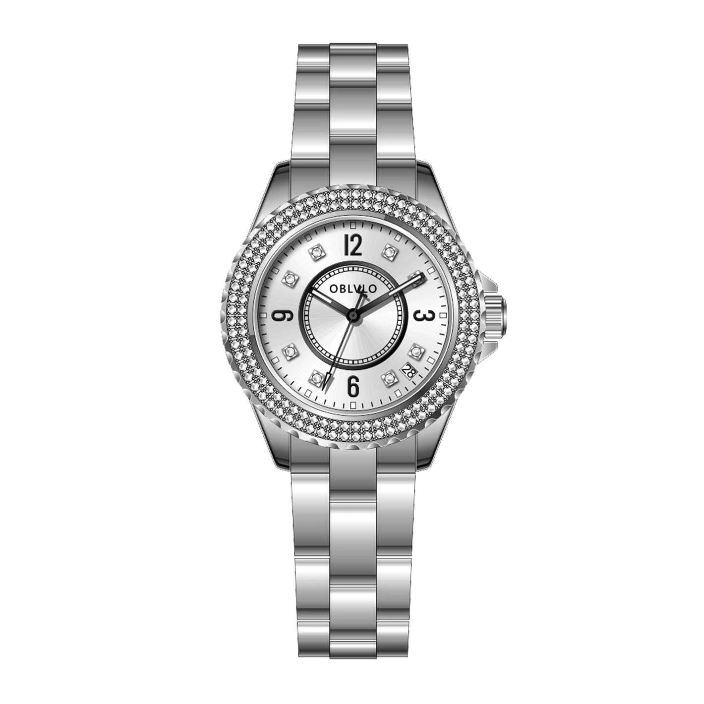 OBLVLO JW-S Ladies Stainless Steel 2-Hand Automatic Mechanical Watch, Crystals and Pave Case
