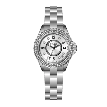 OBLVLO JW-S Ladies Stainless Steel 2-Hand Automatic Mechanical Watch, Crystals and Pave Case