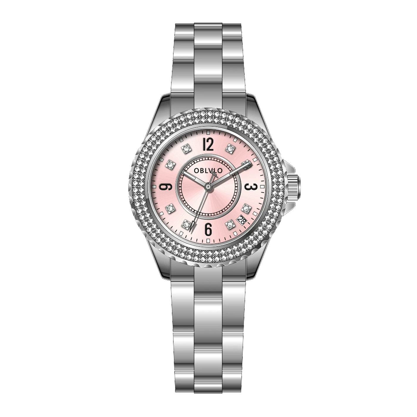 OBLVLO Womens Fashion Pink Dial Stainless Steel Automatic Watches - Crystals and Pave Case