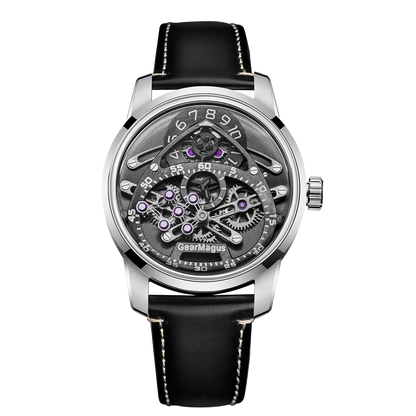 OBLVLO MGS Mens Skeleton Watch - Best Luxury Automatic Gray & Silver Dial Watches