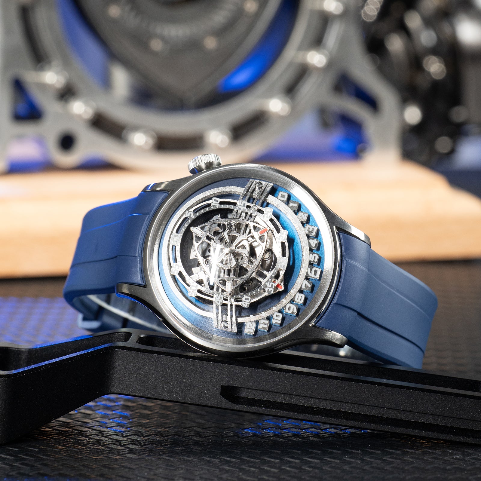 Cool OBLVLO BLM ROTOR Blue Dial Watch - Unique Rotary Engine Automatic