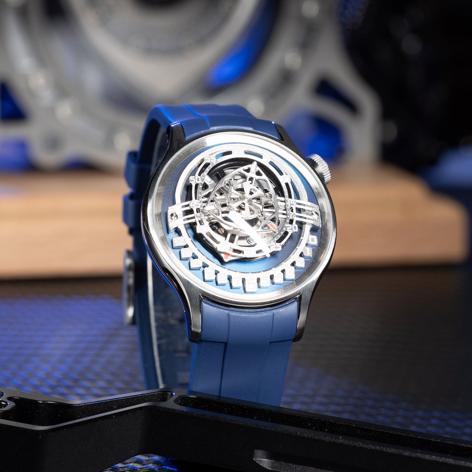 Cool OBLVLO BLM ROTOR Blue Dial Watch - Unique Rotary Engine Automatic