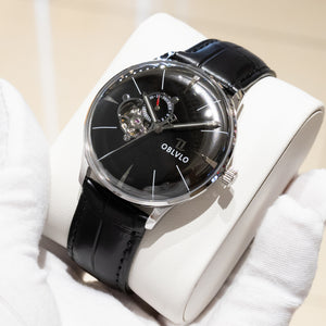 40mm Automatic Mens Watch With Black Partial Skeleton Dial & Black Band By OBLVLO NW Series