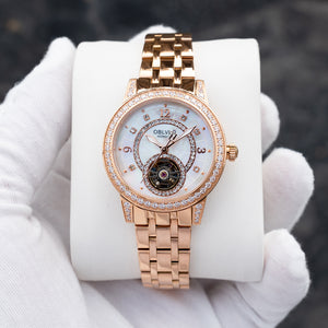 OBLVLO CW Rose Gold Women's Fashion Casual Dress Skeleton Dial Automatic Mechanical Watch
