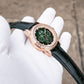 Affordable OBLVLO GCM-MUT Rose Gold Case - White Zirconia Bezel & Grass Green Dial Moon Phase Style Date Casual Watch