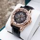 OBLVLO GCM-MUT - Affordable Black Dial & White Zirconia Bezel Rose Gold Multifunction Moon Phase Style Automatic Watch