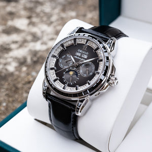 OBLVLO GCM-MUT - Men's Luxury Black Zirconia Bezel & Dial Multifunction Moon Phase Style Automatic Mechanical Watch
