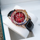 OBLVLO GCM-MUT: Burgundy Red Dial Moonphase of Men 41mm Automatic Mechanical Rose Gold Watch - Rainbow Zirconia Bezel