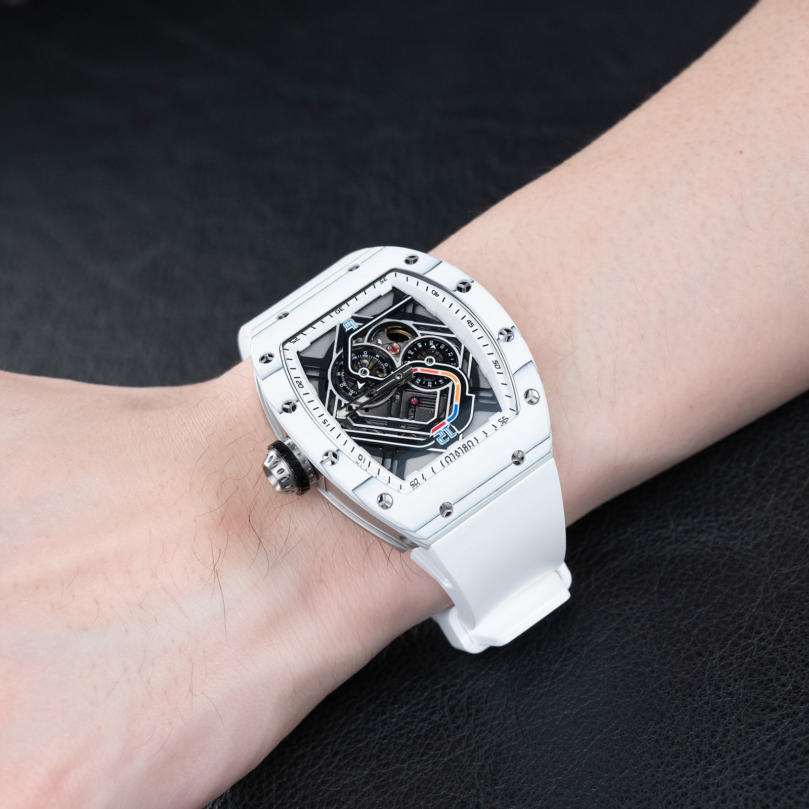 バルクオム OBLVLO XM-RACING Automatic Mechanical Men's Skeleton Watch - Cool Whit
