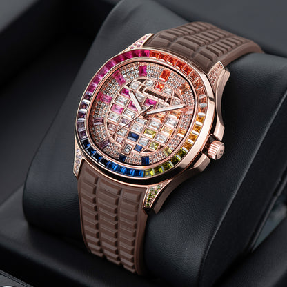 Affordable 40mm Square Rose Gold OBLVLO FM-DSL - Luxury Rainbow Baguette Stone Zircon/Moissanite Bezel Automatic Watch