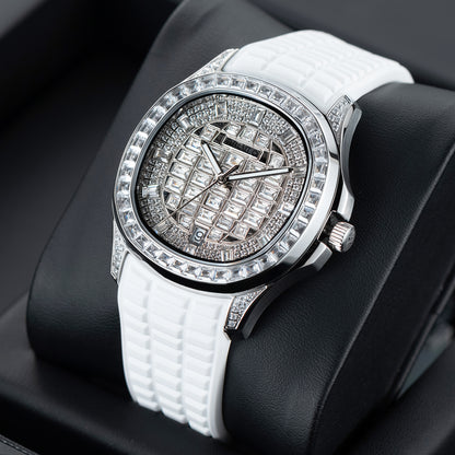 OBLVLO FM-DSL - Affordable 40mm White Crystal Dial & Baguette Stone Zircon/Moissanite Bezel Automatic Watch