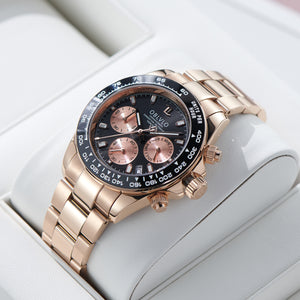 OBLVLO RX-DY 40MM Men Chronograph Quartz Watch - Rose Gold Triple Windows Sport Multi-Dial Watch