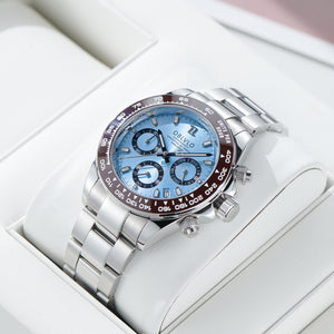 OBLVLO RX-DY Panda Multi-Dial Chronograph Wristwatches - Ice Blue Dial & Ceramic Bezel Quartz Watches