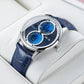 Luxury OBLVLO AM Series Mens Automatic Mechanical Blue Dial Dress Watch - Multifunction Two Eyes Mother of Pearl Subdial