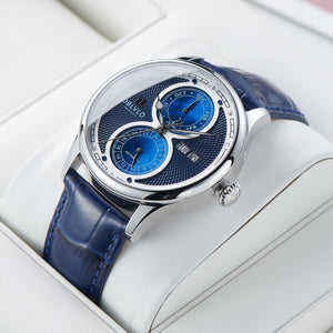 Luxury OBLVLO AM Series Mens Automatic Mechanical Blue Dial Dress Watch - Multifunction Two Eyes Mother of Pearl Subdial
