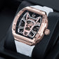 Luxury OBLVLO ZM-MA Fashion Rose Gold Skeleton Tonneau Automatic Watch For Mens - Super Luminous Dial & White Soft Silicone Strap Sport Watch