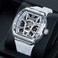 OBLVLO ZM-MA Fashion Tonneau Skeleton Automatic Sport Watch - Men's Fashion Super Luminous Dial & White Rubber Strap Watch
