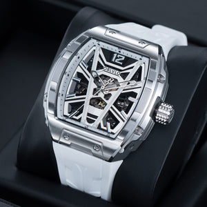 OBLVLO ZM-MA Fashion Tonneau Skeleton Automatic Sport Watch - Men's Fashion Super Luminous Dial & White Rubber Strap Watch