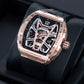 OBLVLO ZM-MA Luxury Fashion Mens Rose Gold Skeleton Tonneau Automatic Watch - Super Luminous Dial & Black Soft Silicone Strap Sport Watch