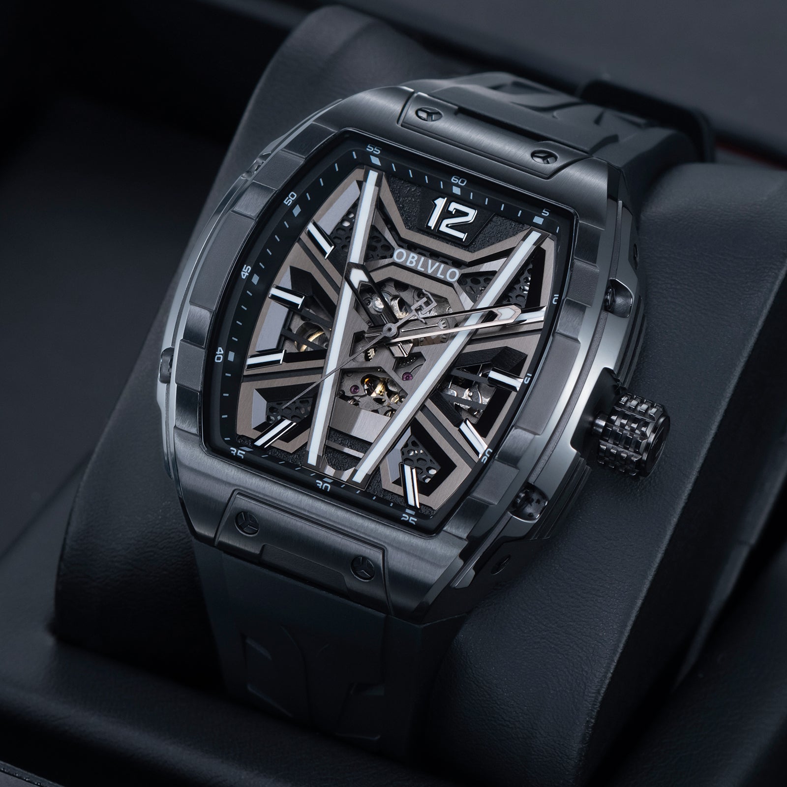 OBLVLO ZM-MA All Black Tonneau Mechanical Automatic Watch - Luxury Fas