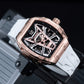 Luxury OBLVLO ZM-MA Fashion Rose Gold Skeleton Tonneau Automatic Watch For Mens - Super Luminous Dial & White Soft Silicone Strap Sport Watch