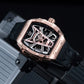 OBLVLO ZM-MA Luxury Fashion Mens Rose Gold Skeleton Tonneau Automatic Watch - Super Luminous Dial & Black Soft Silicone Strap Sport Watch