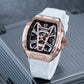 Luxury OBLVLO ZM-MA Fashion Rose Gold Skeleton Tonneau Automatic Watch For Mens - Super Luminous Dial & White Soft Silicone Strap Sport Watch