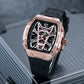 OBLVLO ZM-MA Luxury Fashion Mens Rose Gold Skeleton Tonneau Automatic Watch - Super Luminous Dial & Black Soft Silicone Strap Sport Watch
