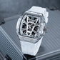 OBLVLO ZM-MA Fashion Tonneau Skeleton Automatic Sport Watch - Men's Fashion Super Luminous Dial & White Rubber Strap Watch