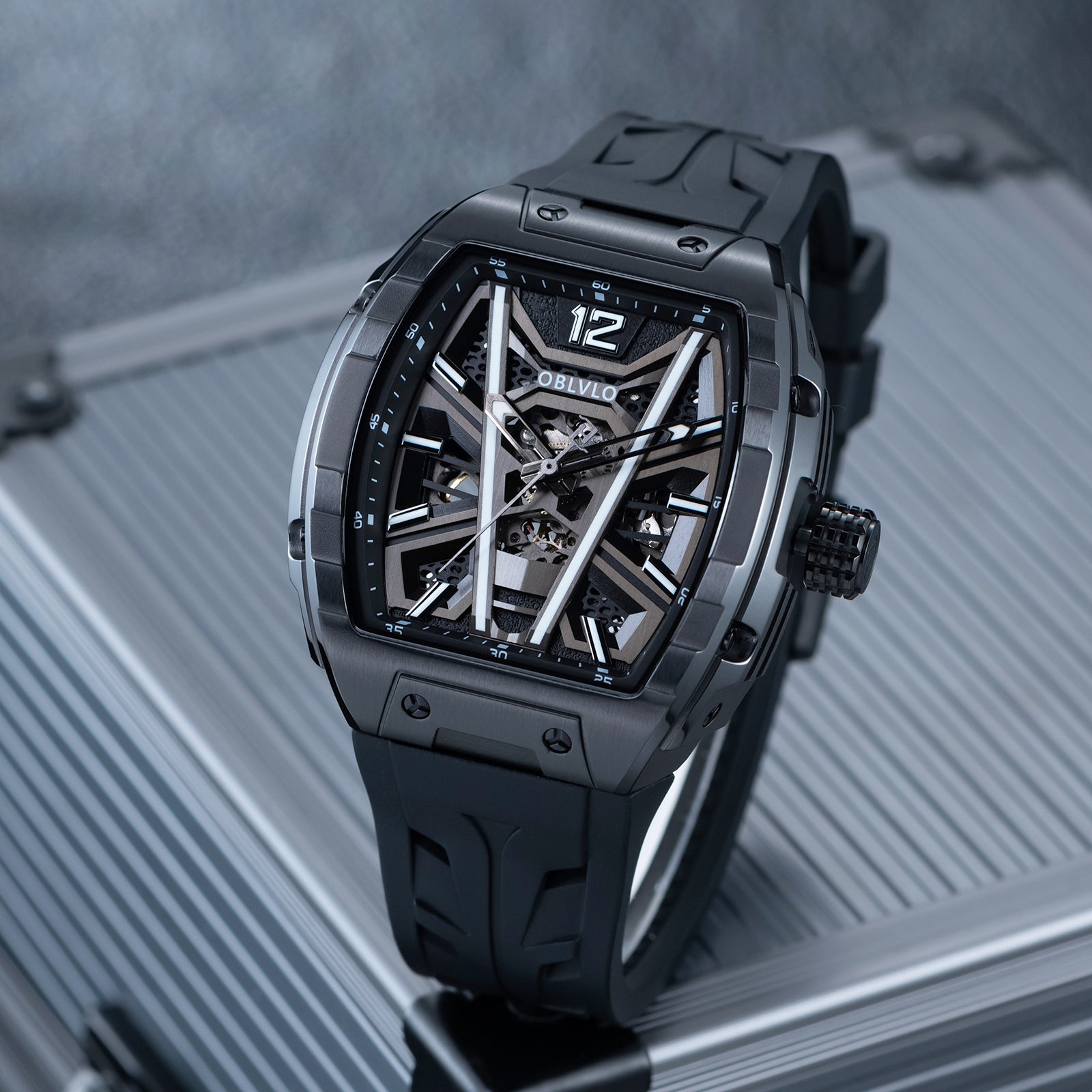 OBLVLO ZM-MA All Black Tonneau Mechanical Automatic Watch - Luxury Fas