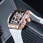Luxury OBLVLO ZM-MA Fashion Rose Gold Skeleton Tonneau Automatic Watch For Mens - Super Luminous Dial & White Soft Silicone Strap Sport Watch