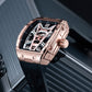 OBLVLO ZM-MA Luxury Fashion Mens Rose Gold Skeleton Tonneau Automatic Watch - Super Luminous Dial & Black Soft Silicone Strap Sport Watch
