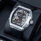 OBLVLO ZM-PH Luxury Silver Tonneau Automatic Watch - 3D Skeleton Mythical Dragon & Phoenix Motif Design Mechanical Watch