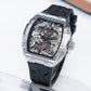 OBLVLO ZM-PH Luxury Silver Tonneau Automatic Watch - 3D Skeleton Mythical Dragon & Phoenix Motif Design Mechanical Watch