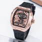 OBLVLO ZM-PH Rose Gold Tonneau Case Luxury Men's Skeleton Watch - 3D Dragon & Phoenix Carved Dial