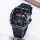 OBLVLO ZM-PH All Black Tonneau Case Men's Luxury Skeleton Watch - 3D Sculpted Dragon Phoenix Dial Automatic Mechanical Sport Watch