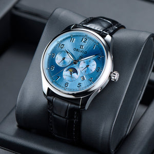 OBLVLO WM 41mm Ice Blue Multi-function Automatic Watch - Luxury Day Date/Moonphase Watch For Mens