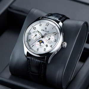 OBLVLO WM 41mm Mens Automatic Dress Watch - White Dial Multi-Function Day Date Watch