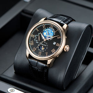 OBLVLO AM-FG Rose Gold 41mm Black Dial Multi-Function Month/Week/Date Luxury Dress Wrist Watch for Men