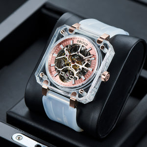 High Quality Full Sapphire Square Case Skeleton Automatic Watch For Men's - OBLVLO BRM Series Rose Gold Dial
