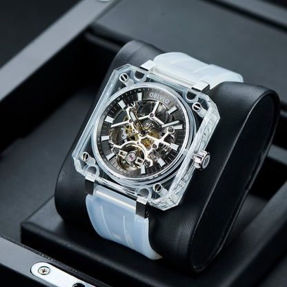 OBLVLO BRM Series - Black Dial & Full Sapphire Square Case Skeleton Mechanical Watch For Men's