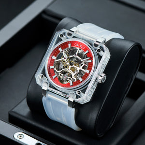 OBLVLO BRM Series - High Quality Red Dial & Full Sapphire Square Case Skeleton Automatic Watch